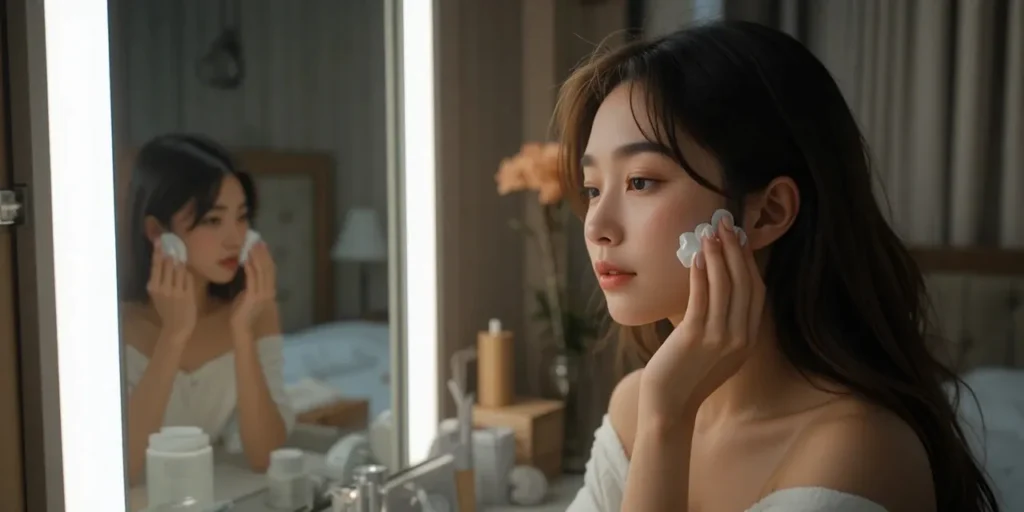 밤에 나이아신아마이드 크림을 바르는 모습