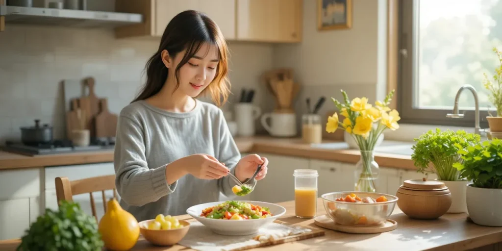 아침 햇살 아래 두부 샐러드와 과일을 준비하는 여성의 건강한 식단 모습