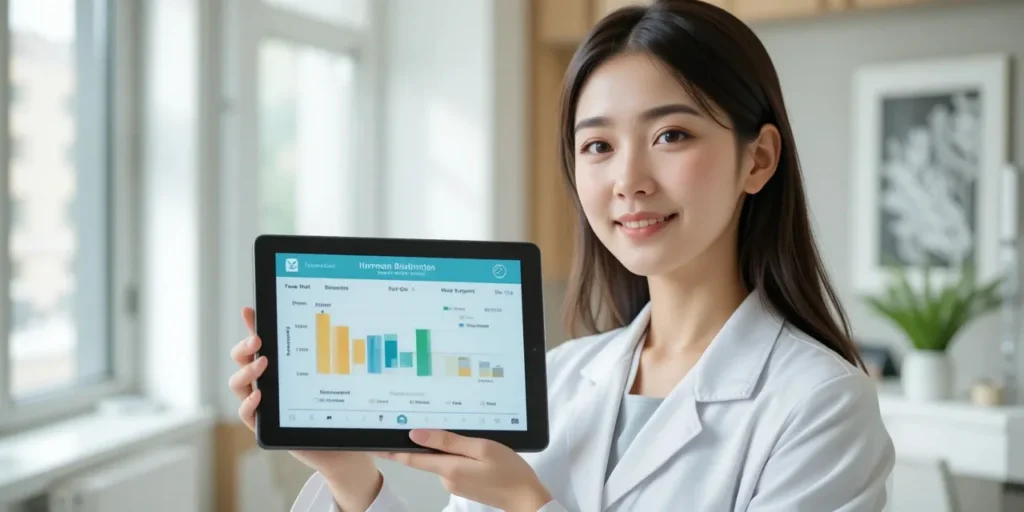 영양사가 태블릿으로 호르몬 균형 차트를 설명하는 상담 장면 모습