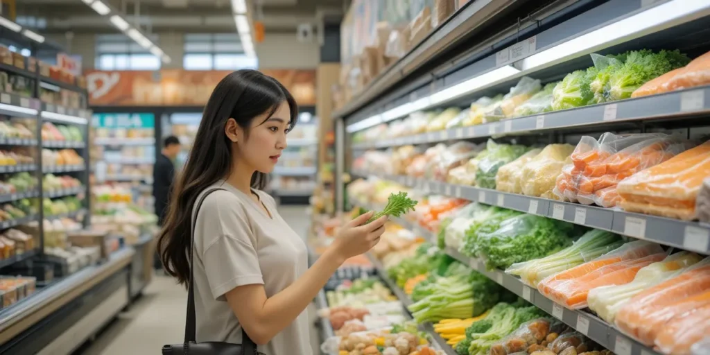 마트에서 연어와 채소를 고르는 여성의 건강한 식재료 선택 모습