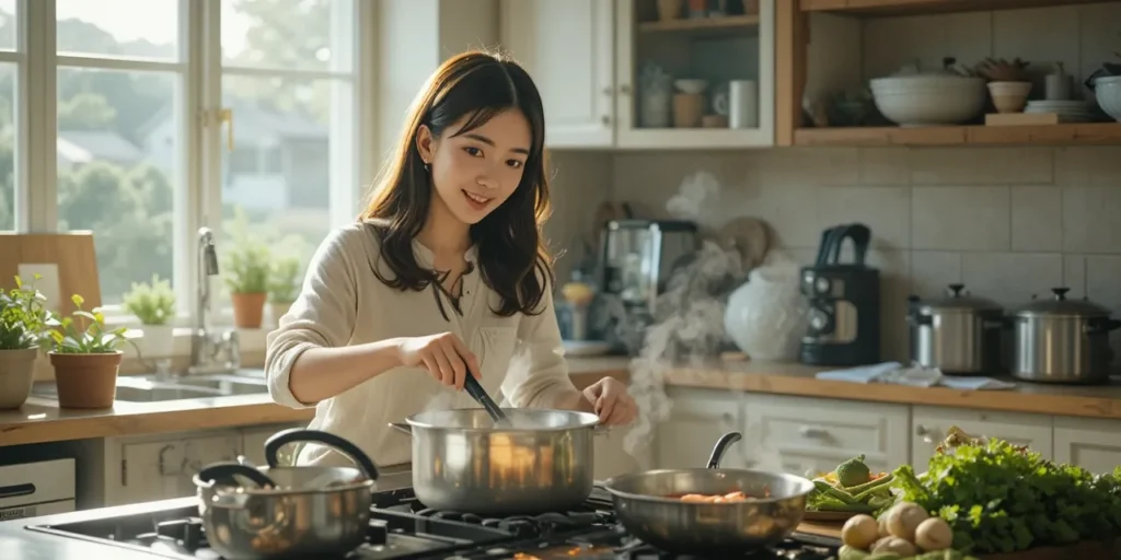 부드러운 아침 햇살 속에서 연어와 브로콜리를 조리하는 여성의 요리 모습