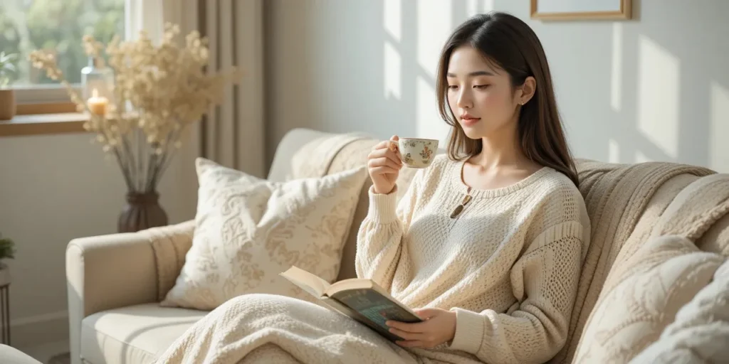 소파에 앉아 허브티를 마시는 여성이 휴식을 취하는 모습
