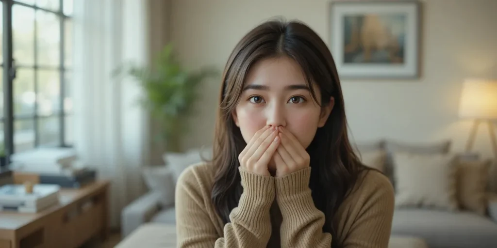 입 냄새 걱정하며 입을 가리는 모습
