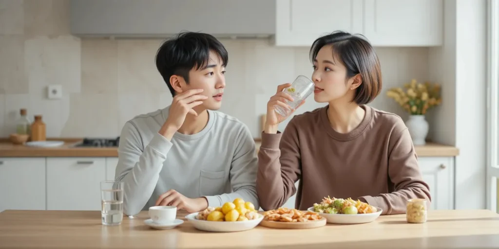 물을 마시며 입 냄새 예방하는 모습