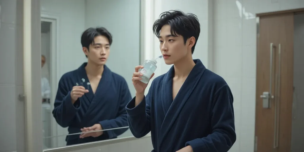 입 냄새 제거를 위해 가글을 사용하는 위생적인 장면