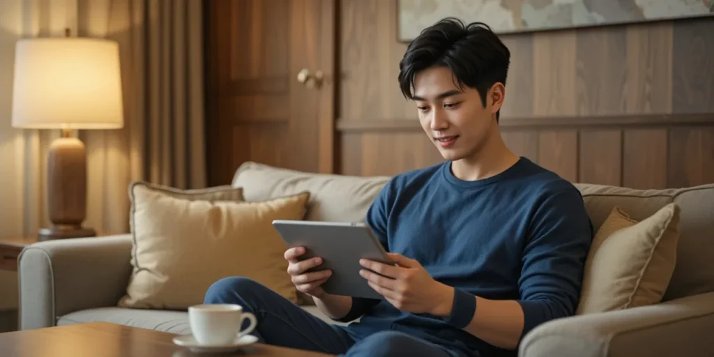 구강 건강 자료를 확인하며 정보를 얻는 모습