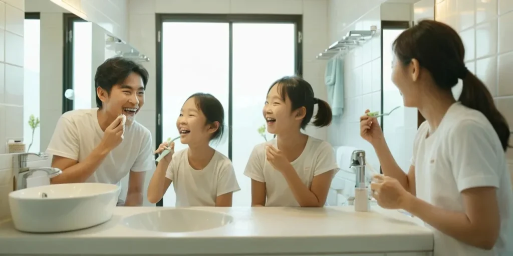 가족이 함께 양치하는 모습