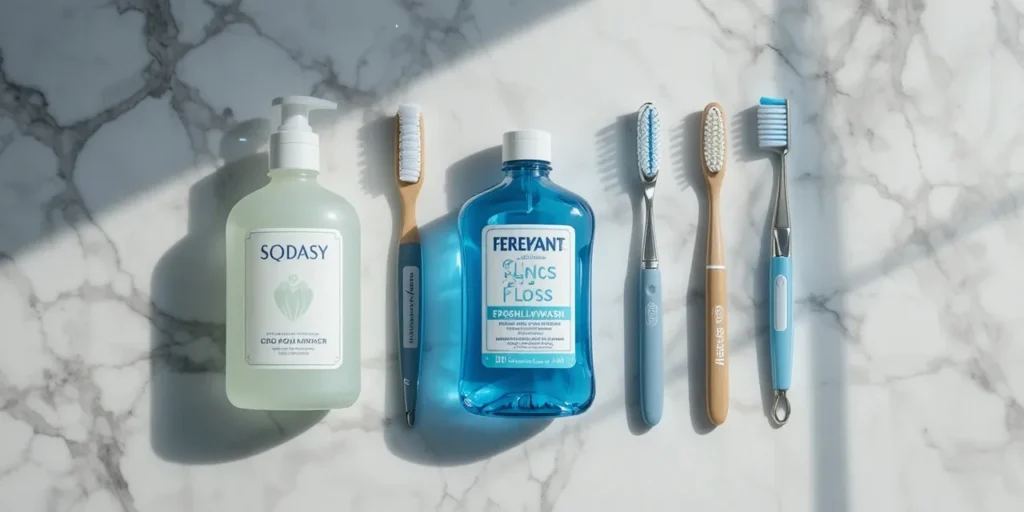 구강 청결을 위한 다양한 도구들이 놓여 있는 모습