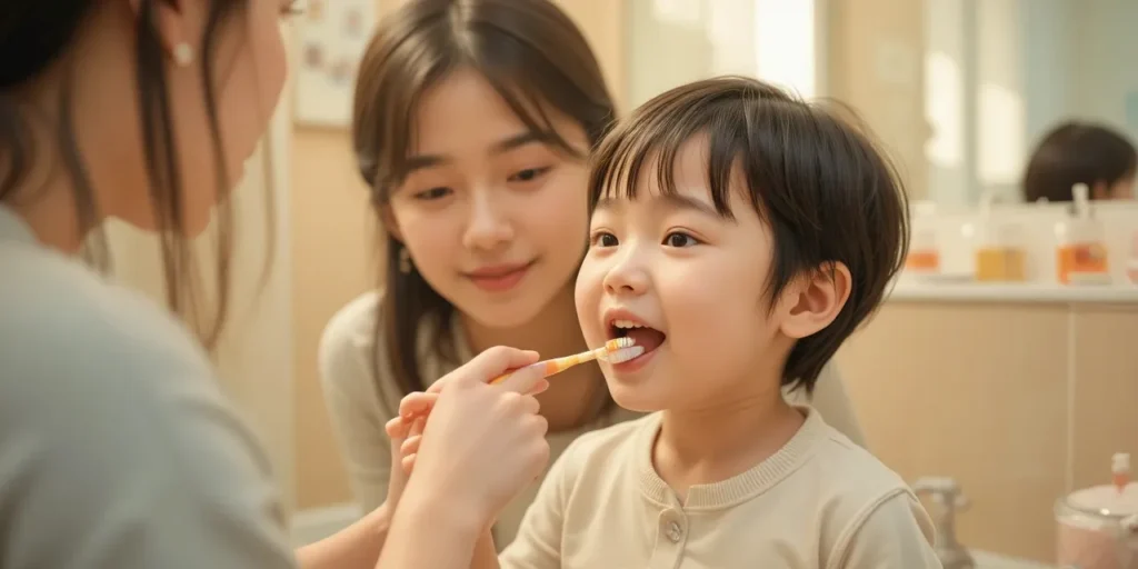 아이가 부모와 함께 양치하며 치아 건강을 챙기는 모습