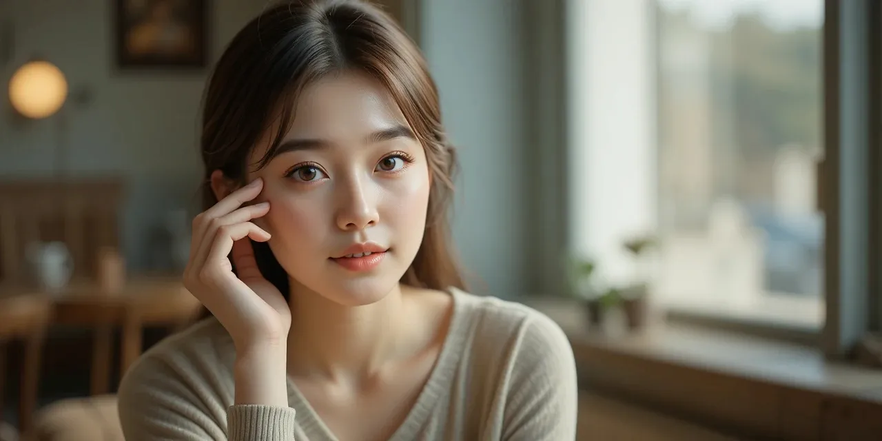 눈가를 만지며 고민하는 여성의 모습