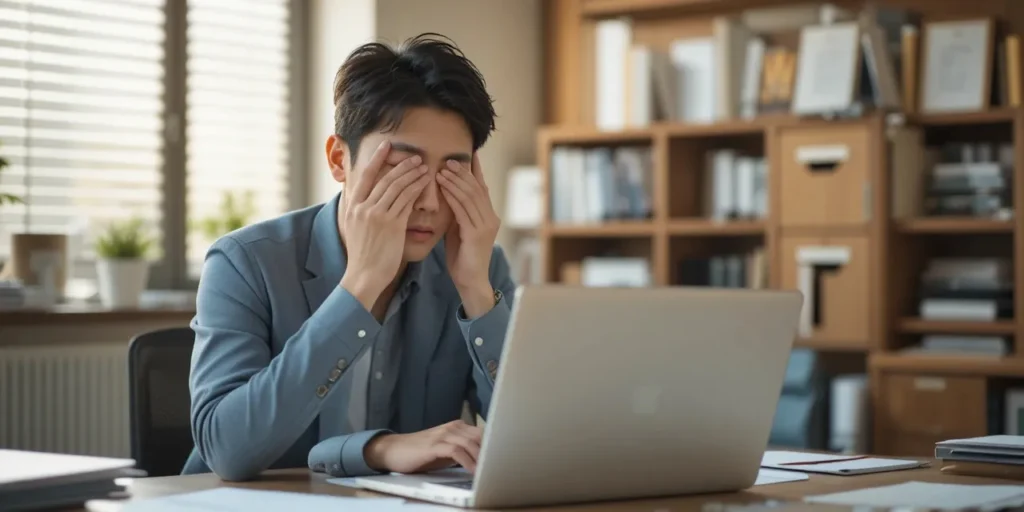 피로 누적된 눈을 비비는 직장인의 모습
