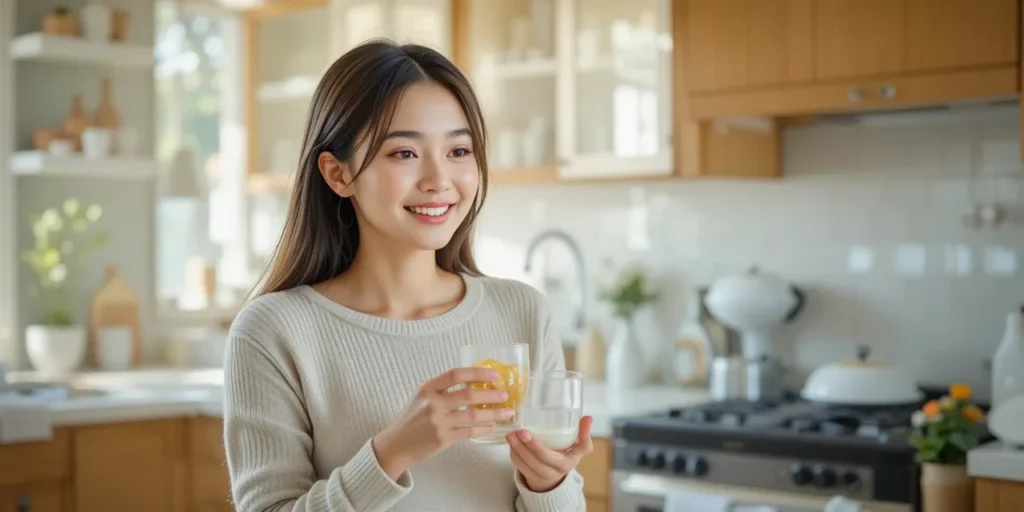 아침 시간에 마그네슘 영양제를 복용하는 여성의 모습