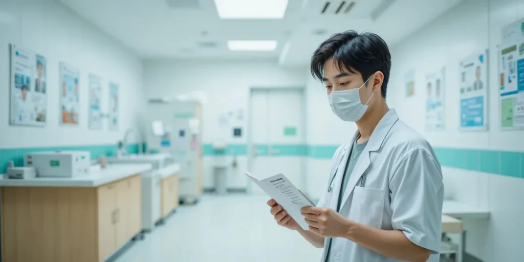 예방접종 전 주의사항을 읽는 모습