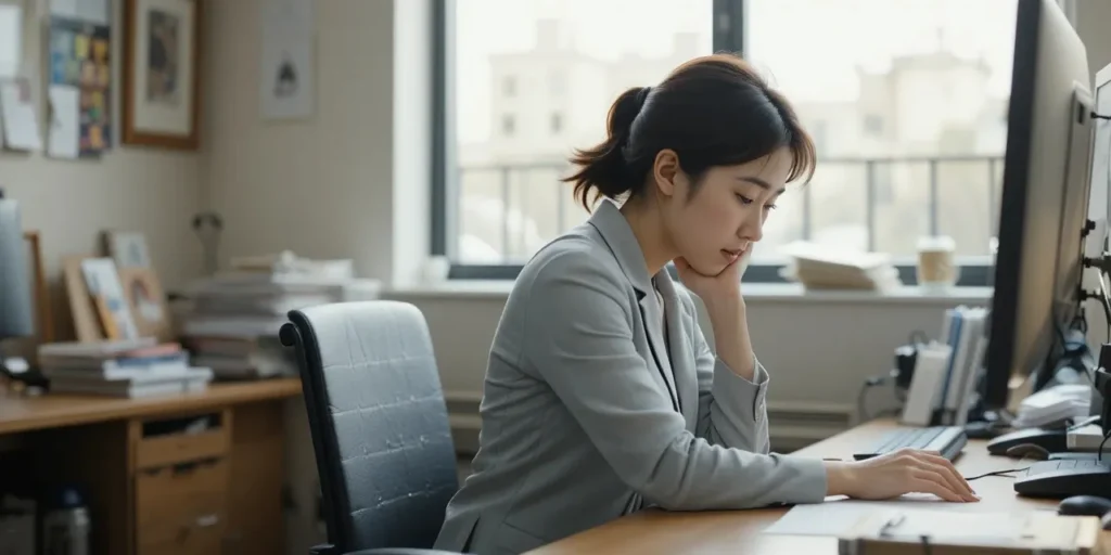 사무실 책상에서 거북목 자세로 앉아 있는 모습
