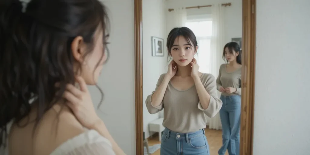 거울 앞에서 자신의 목 위치를 확인하는 모습