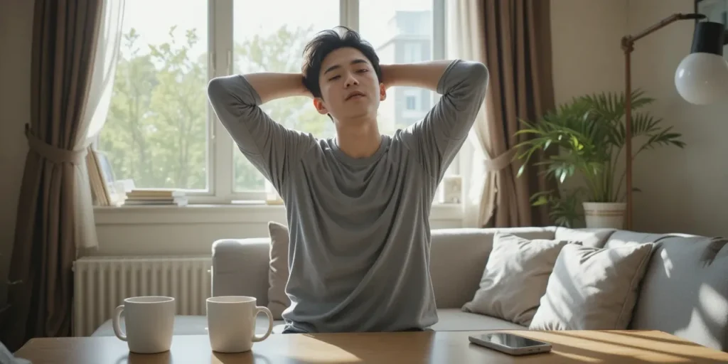 집에서 아침 루틴으로 목을 스트레칭하는 모습