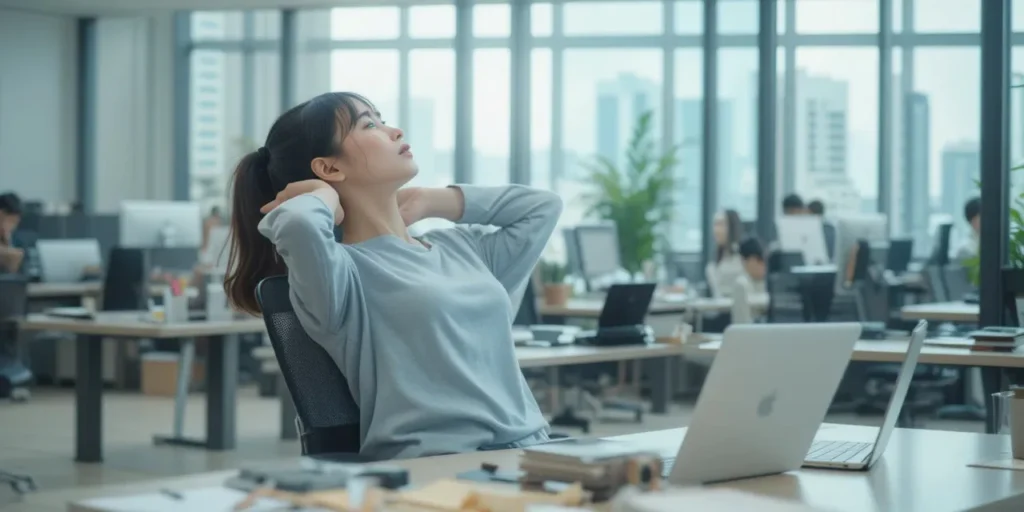 업무 중 책상에서 간단한 목 운동을 하는 모습