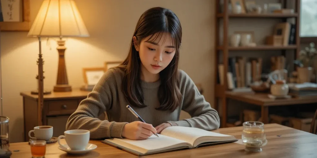 실내 책상에서 자신의 루틴을 노트에 기록하는 여성 모습
