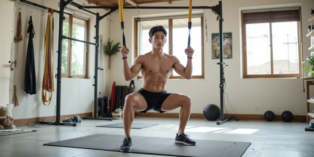 실내 헬스장에서 하체 운동하는 남성의 모습