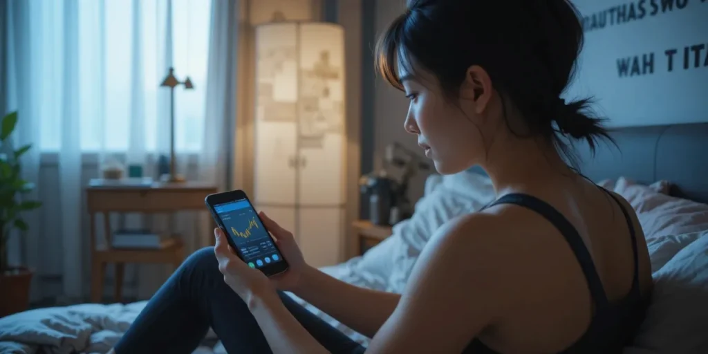 홈트레이닝 루틴을 스마트폰으로 확인하는 여성의 모습