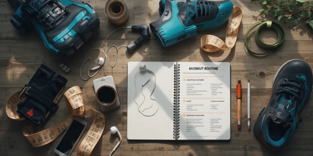 자기관리를 위한 홈트 루틴 준비물과 다이어리가 정리되어 있는 모습