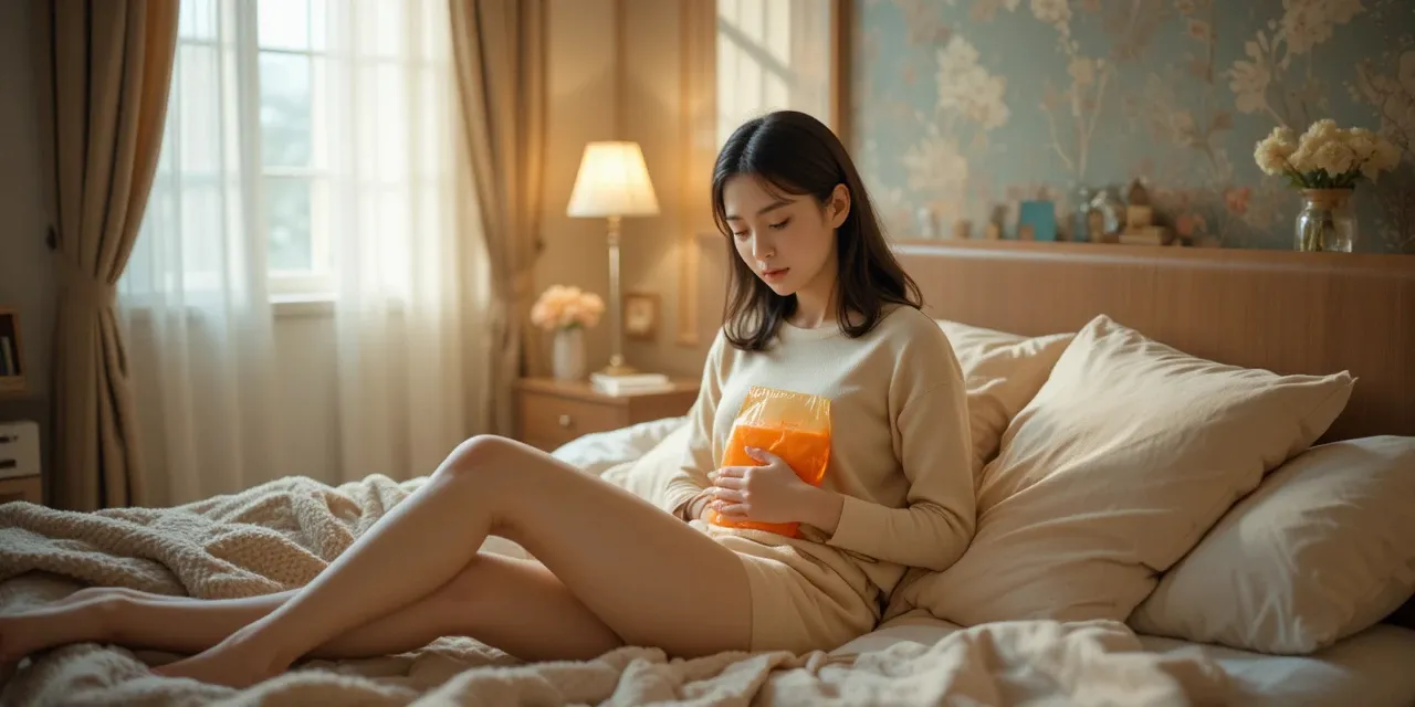 따뜻한 찜질팩을 대고 쉬는 모습