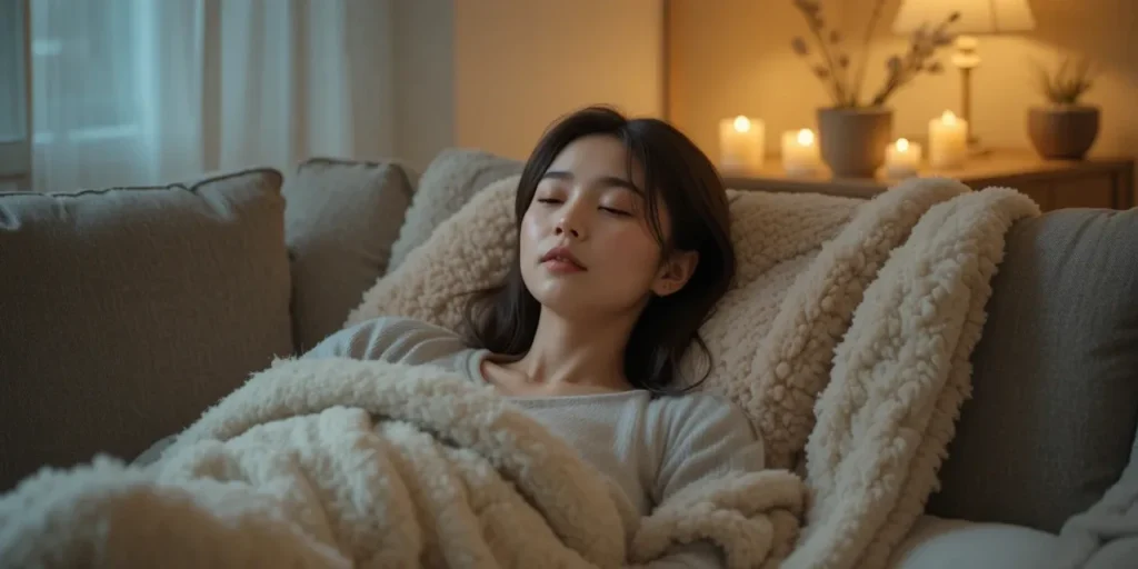 포근한 이불 아래 찜질 중인 편안한 휴식을 하고 있는 모습