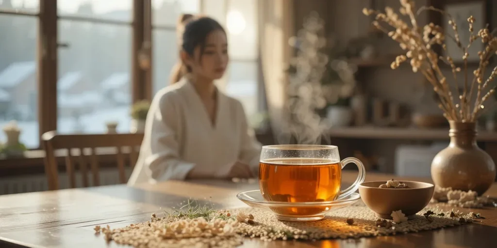 따뜻한 허브차가 놓인 아늑한 실내 모습
