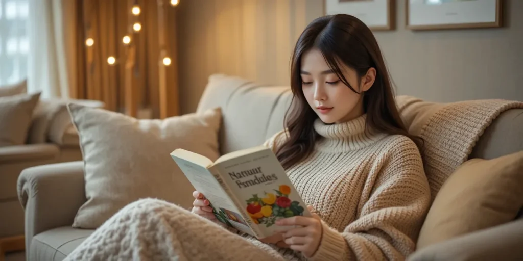 소파에서 건강 관련 책을 읽으며 정보를 습득하는 모습
