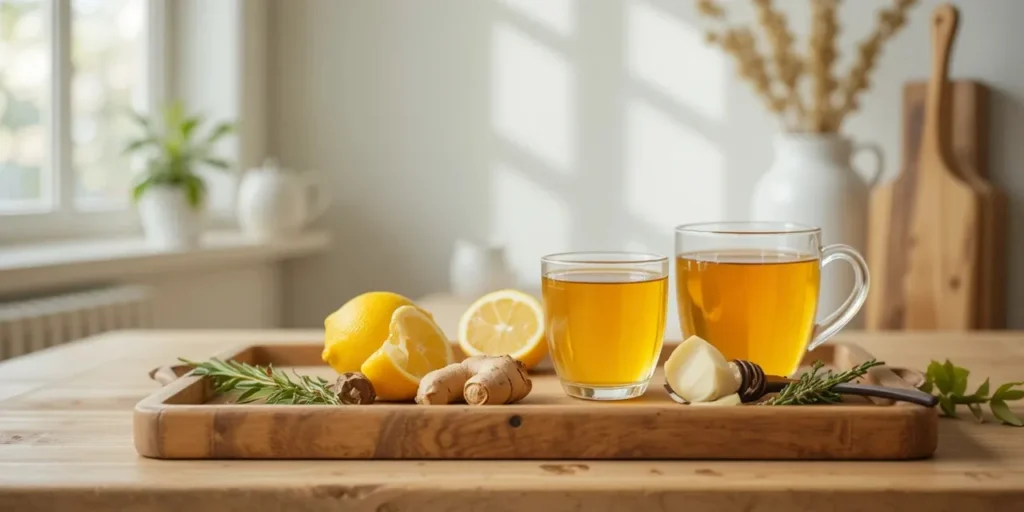 허브티와 감기 예방 식재료가 놓인 테이블 모습