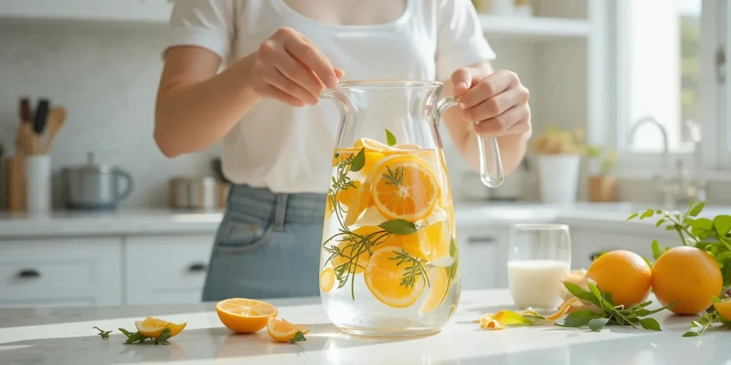 과일과 허브가 담긴 물 주전자를 준비하는 모습