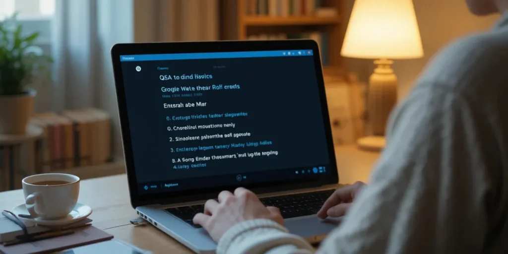 책상에서 노트북으로 정보를 확인하는 모습