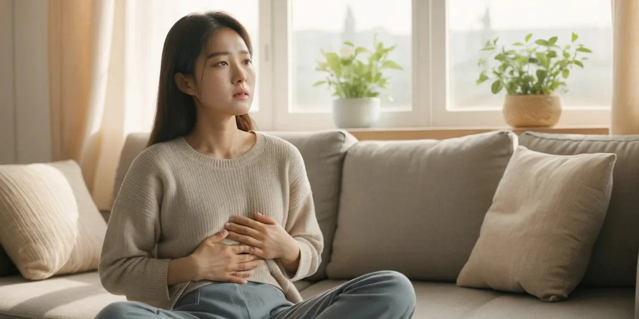 소파에 앉아 오른쪽 아랫배를 누르고 있는 여성 모습