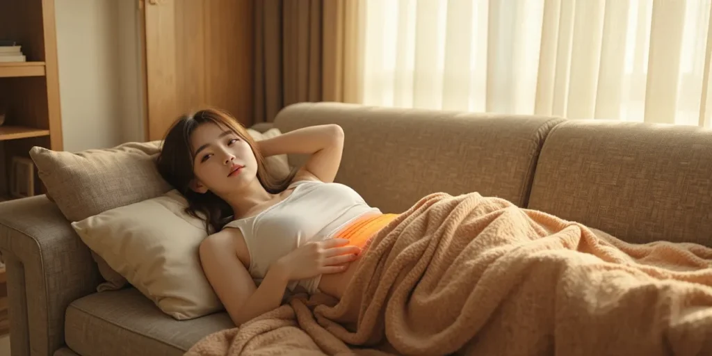 오른쪽 아랫배 통증 원인과 여성 통증 구분법 3 복부에 온열 찜질팩을 대고 누워있는 사람 모습