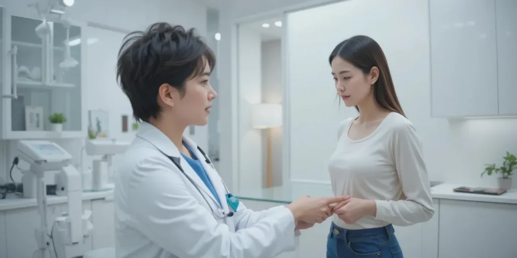 오른쪽 아랫배 통증 원인과 여성 통증 구분법 4 진료실에서 통증 부위를 설명하는 여성의 모습