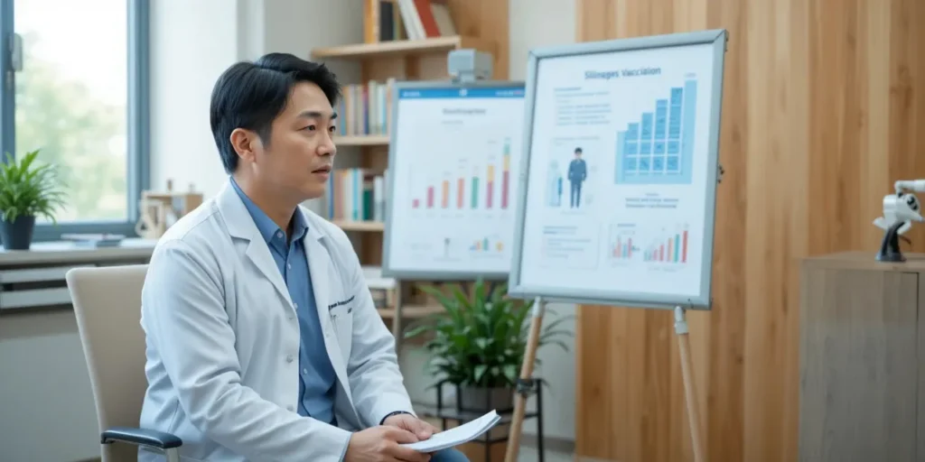 백신 상담을 받는 중년 남성의 모습