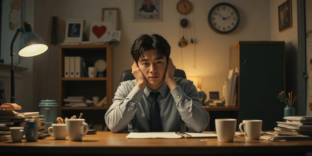 늦은 밤 책상에 앉아 피곤한 모습
