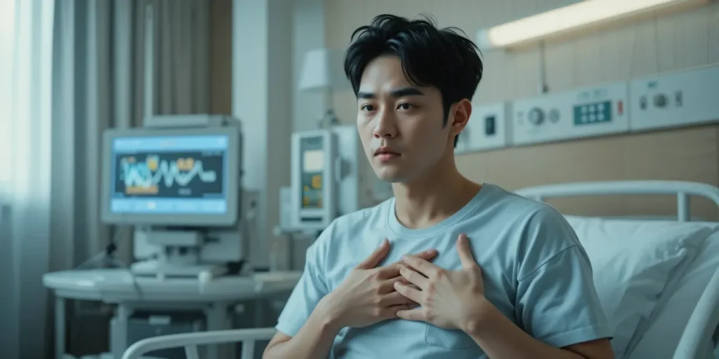 병원에서 가슴을 부여잡은 긴장된 모습