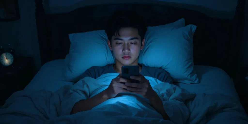 밤늦게 스마트폰을 보는 잠 못 드는 모습
