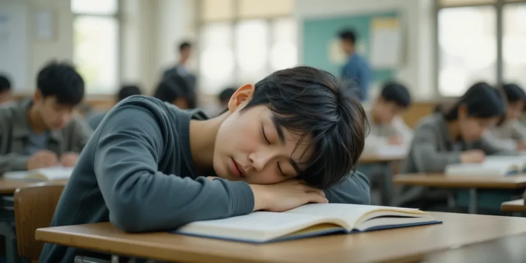 수면 부족으로 집중 못하고 수업 중 졸고 있는 학생의 모습