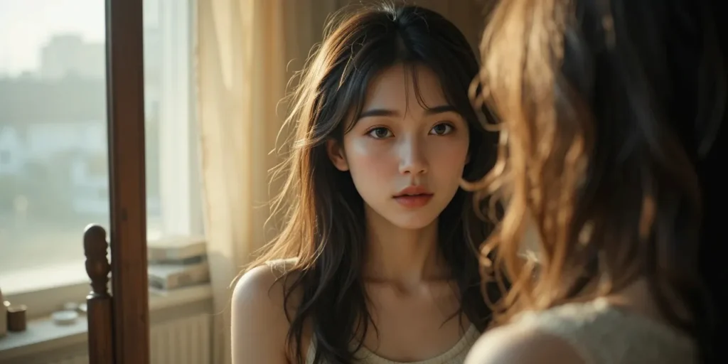 아침에 거울 앞에서 피로한 얼굴을 보는 모습