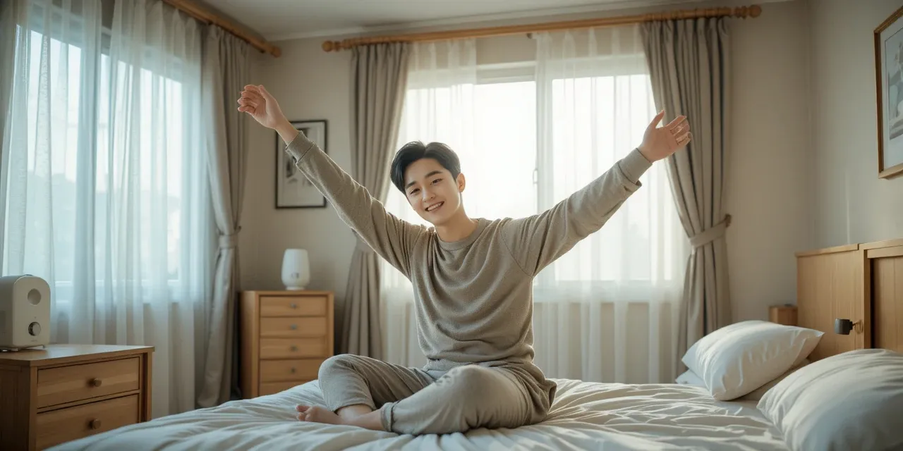 햇살 비치는 침실에서 기지개 켜는 모습