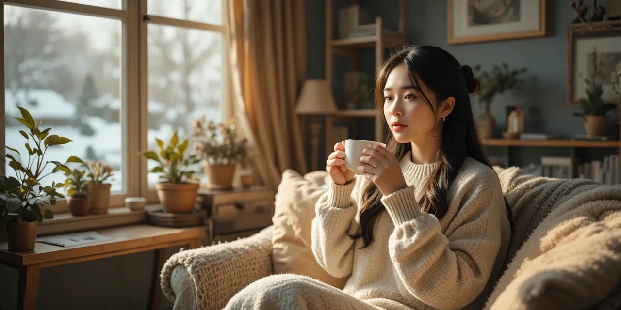 따뜻한 거실에서 차를 마시는 여성의 모습