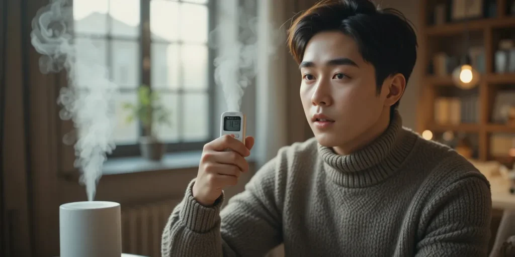 실내에서 체온을 확인하는 남성의 모습