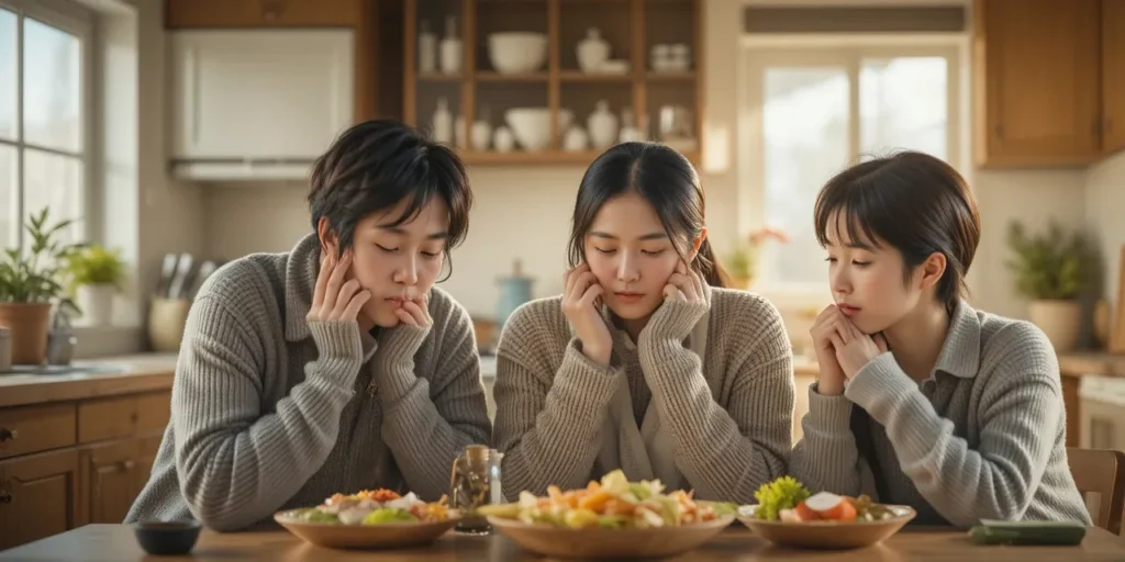 주방에서 피로 신호를 느끼는 가족의 모습