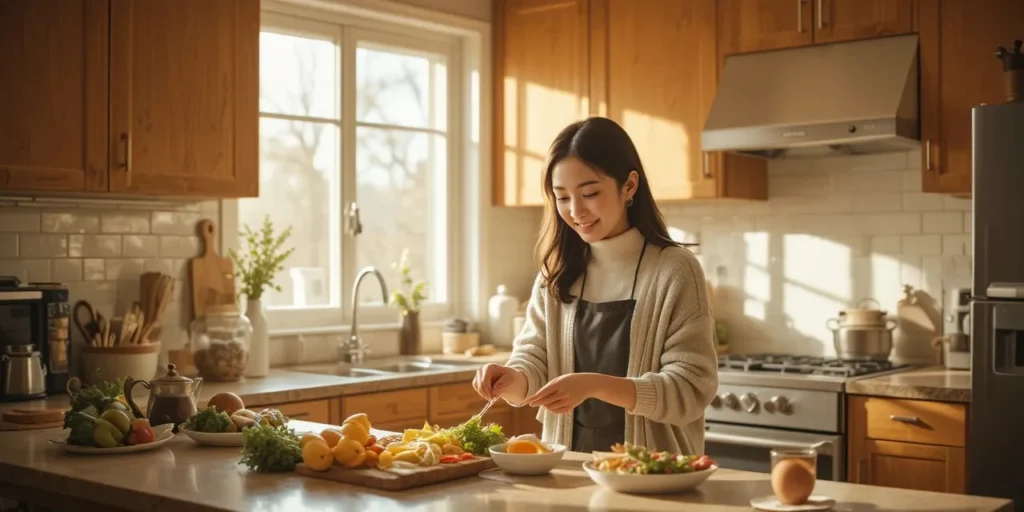 아침 식단을 준비하는 여성의 모습