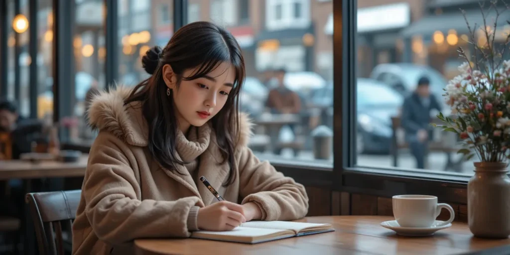 카페에서 건강 목표를 기록하는 여성의 모습