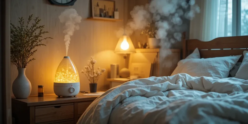 침실 가습기와 조명 켜진 포근한 침대 모습