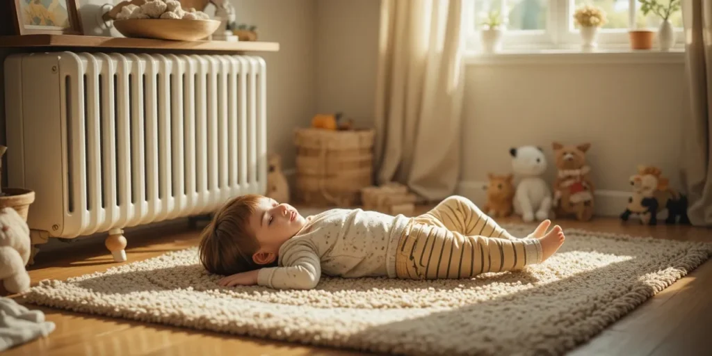 히터 옆에서 놀이 중인 아이와 가습용 물그릇 모습