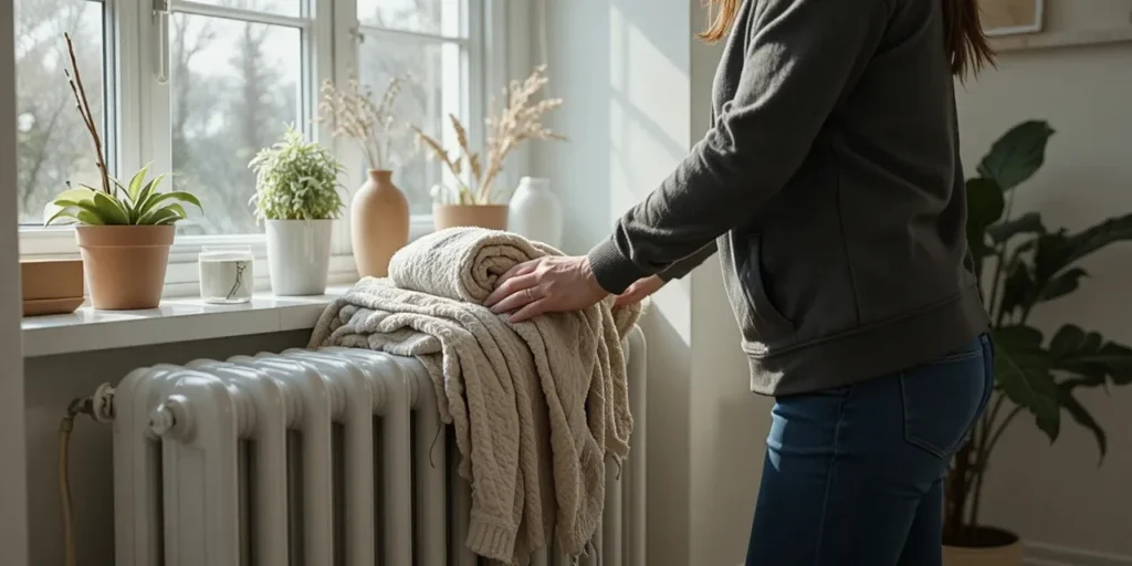 라디에이터에 젖은 수건 올려놓는 장면